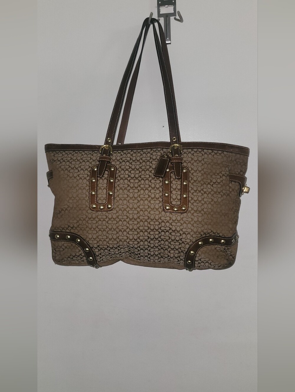 Coach Soho Khaki Signature C Studded Leather Lg Gallery Tote Bag Purse Rare
